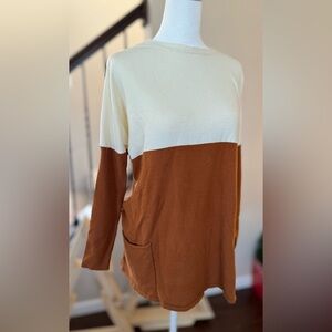 Tea n Rose Cream and Brown Crew Neck Sweater, 1X/2X